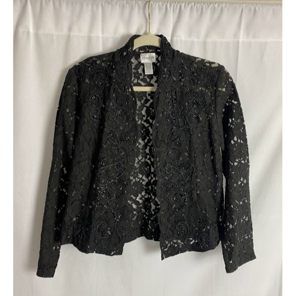 Chicos Black Lace Beaded Embellished Collarless Open Front Jacket Blazer‎ M